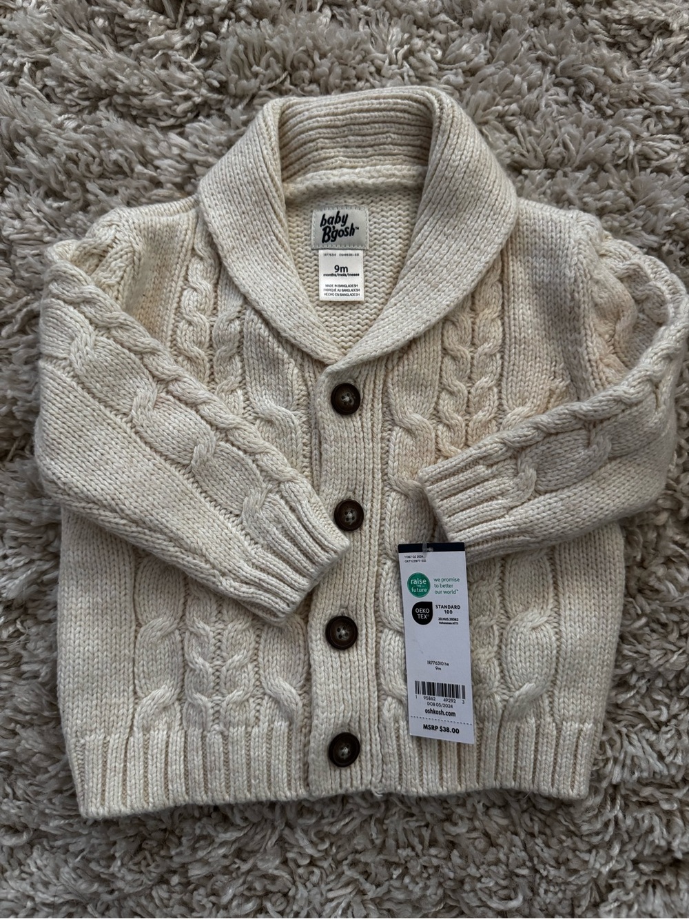 Baby B’gosh Cream Cable-Knit Shawl Collar Cardigan - Boys